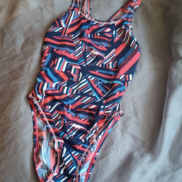 🎄3/$15 Vintage Speedo 1-Piece Patriotic Geo Print Swimsuit - Picture 3 of 5